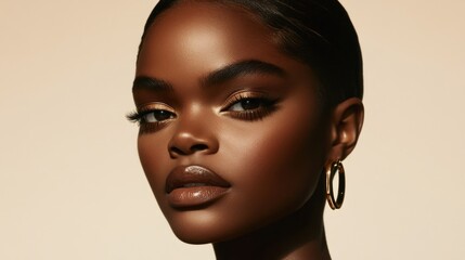 Close-up portrait of a woman with rich, dark skin, subtly defined brows, and a neutral lip color
