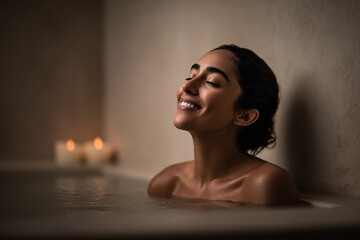 woman enjoying tranquil moment in minimalist bathroom surrounded by aromatic candles
