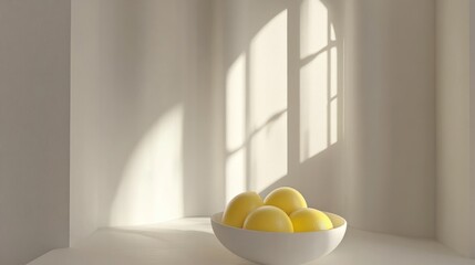 A minimalist still life featuring a bowl of yellow eggs in a sunlit room