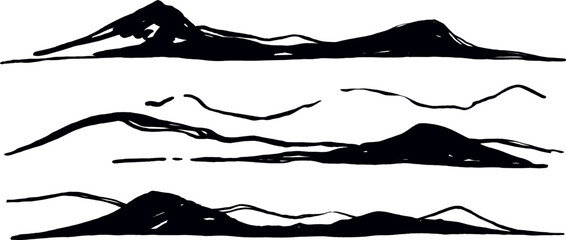 Ink Wash Painting of Mountain Range Silhouette Brush Stroke Design vector © Mary