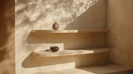 Sunlit minimalist shelves display earthenware pottery