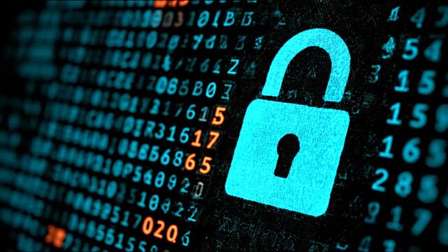 Digital security lock symbol on binary code background