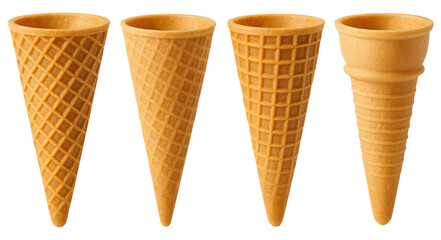 Four different styles of empty ice cream cones arranged on a white background waffle cones sugar cones isolated on a transparent background