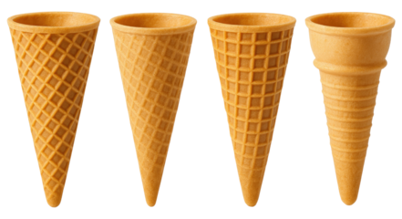 Four different styles of empty ice cream cones arranged on a white background waffle cones sugar cones isolated on a transparent background
