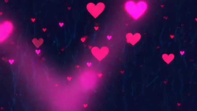Looped animation of pink and red hearts swirling on a dark blue background.
