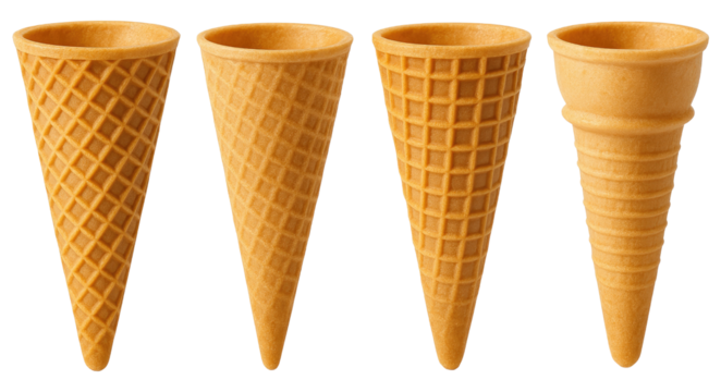 Four different styles of empty ice cream cones arranged on a white background waffle cones sugar cones isolated on a transparent background