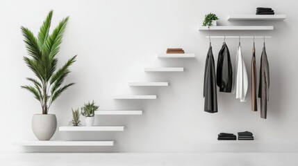Minimalist white shelving unit with clothing and plants
