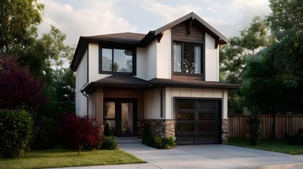 Fototapeta premium Modern two story suburban house with stone accents garage and landscaped garden