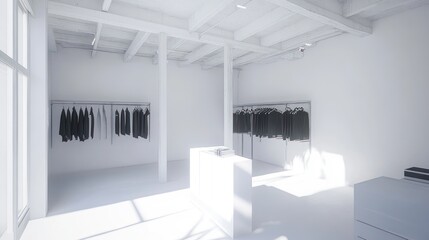 Minimalist clothing store interior rendering; bright, white space with black garments on display