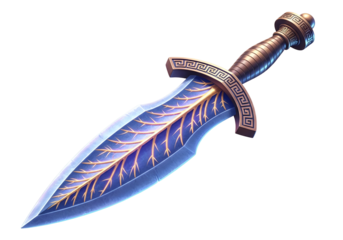 A stylized, detailed dagger with a vibrant blue blade, featuring intricate gold-toned greek key patterns, and a striking design.