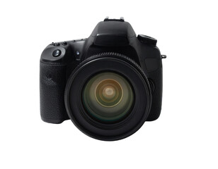 A sophisticated black digital camera with a large lens is centrally positioned against a pure black backdrop.
