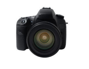 A sophisticated black digital camera with a large lens is centrally positioned against a pure black backdrop.