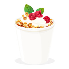 Cup of Yogurt with Granola Topping on White Background.