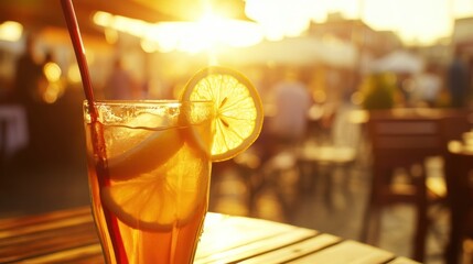 Iced tea drink at outdoor cafe at sunset