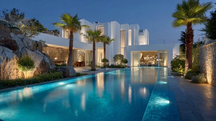 Fototapeta premium Luxury White Villa with Infinity Pool and Palm Trees at Twilight