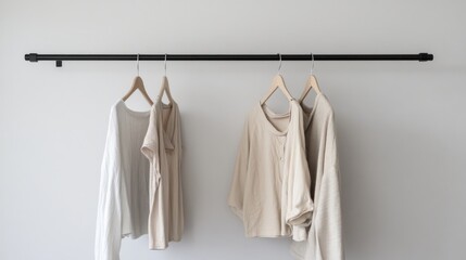 Simple, neutral clothing on a minimalist wall-mounted rod