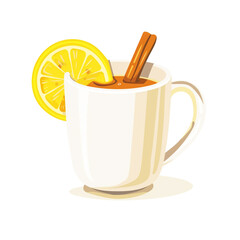 Hot Toddy Mug with Lemon Slice and Cinnamon Stick on White Background.