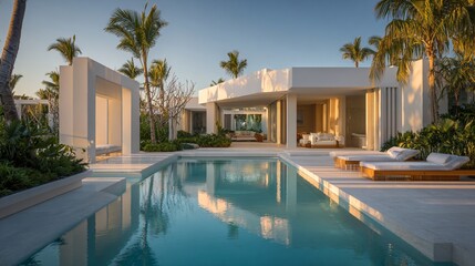 Fototapeta premium Modern Tropical Villa with Poolside Loungers and Open Design