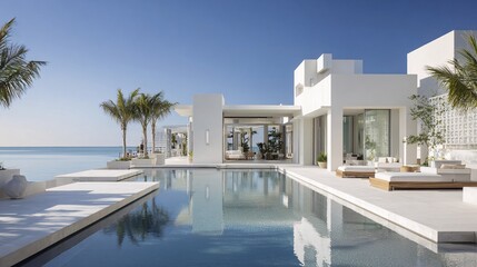 Fototapeta premium Contemporary Seaside Villa with Infinity Pool and Palm Trees