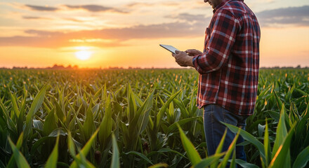 Modern farmer using tablet for data driven agriculture at sunset in golden cornfield for sustainable farming