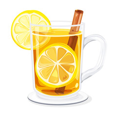 Hot Toddy Mug with Lemon Slice and Cinnamon Stick on White Background.
