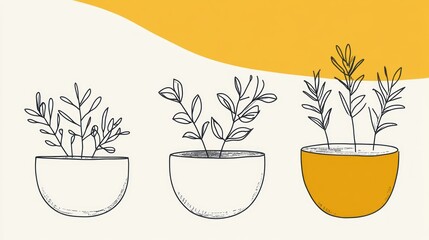 Simple plant pots, various stages of growth