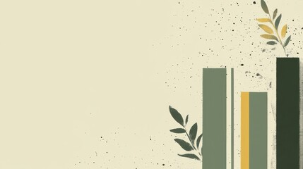 Abstract graphic design with earthy tones and foliage elements.  Simple rectangular shapes in muted greens and golds. Textured background with subtle speckles
