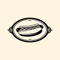 A vintage-style black and white illustration of a hot dog with mustard in a bun, enclosed within an ornate oval frame.