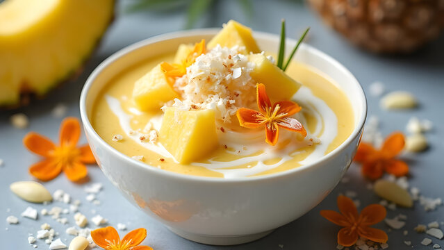 Smoothie Bowl With Artistic Swirl and Edible Flowers