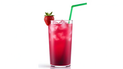 Pink berry drink with green straw on white backdrop