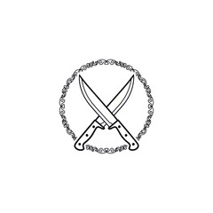 Fototapeta premium A black and white line drawing of two crossed chef's knives within a decorative circular frame.