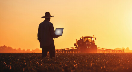 Modern farmer using laptop in golden sunset field to manage farming operations with tractor working