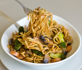 Egg Noodles with Bockwurst Sausages, Mushrooms, Onions, Broccoli, White Bowl