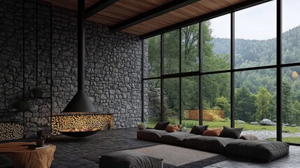Modern mountain home with stone fireplace and expansive windows overlooking lush forest