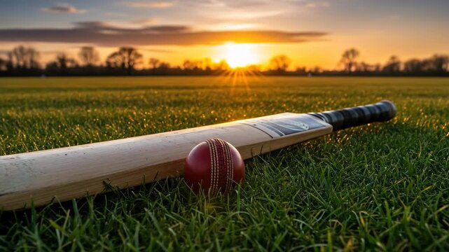 Cricket Bat and Ball at Sunset - A cricket bat and ball rest on a lush green grass field at sunset. The warm golden light of the setting sun illuminates the scene, creating a picturesque and peaceful