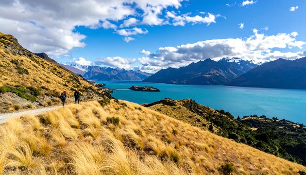 Hikers enjoying a scenic lake vista