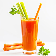 Fresh Vegetable Juice Glass with Carrot and Celery Sticks on White Background.
