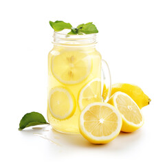 Fresh Lemonade in Glass Jar with Lemon Slices on White Background.