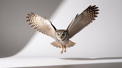 Obraz premium A beautiful owl is flying in the air with its wings spread wide open on a white background the owl is looking directly at the camera