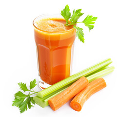 Fresh Vegetable Juice Glass with Carrot and Celery Sticks on White Background.