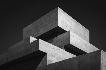 Striking black and white close up of a brutalist concrete building with geometric shapes and minimalist design