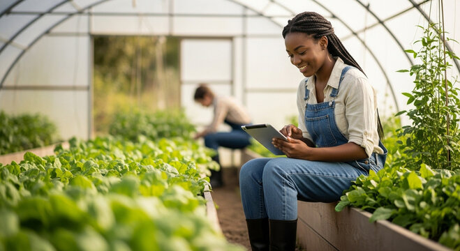 Smiling farmer uses tablet for crop management in greenhouse, modern sustainable agriculture technology