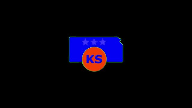 Kanas USA States map circle in text KS emblem. 3 star lopping this video.