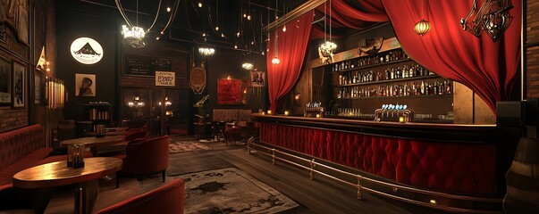 Secret prohibition-era bar with red velvet drapes and smoky jazz ambiance