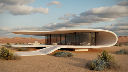 Obraz premium A futuristic house with a curved design nestled in a desert landscape, blending modern architecture with natural surroundings