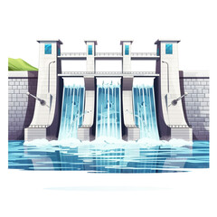 Hydroelectric Dam in Clean Vector Style on White Background.