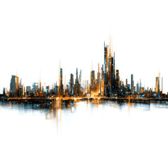 Obraz premium Modern city skyline at sunset with glowing lights and reflections across the water