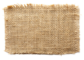Torn burlap fabric swatch with frayed edges isolated on a transparent background