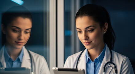 Dedicated female doctor reviewing patient data on tablet in modern medical setting late at night