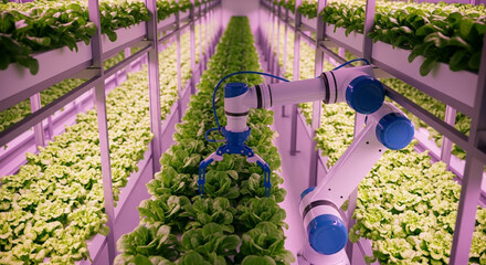 Automated farming robot harvesting fresh lettuce in vertical farm for efficient and sustainable food production